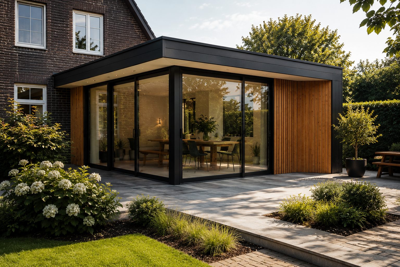 Aanbouw met plat dak en schuifpui naar de tuin