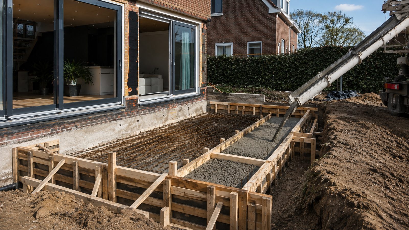Bekisting met wapening waarin beton wordt gestort voor de fundering van een aanbouw