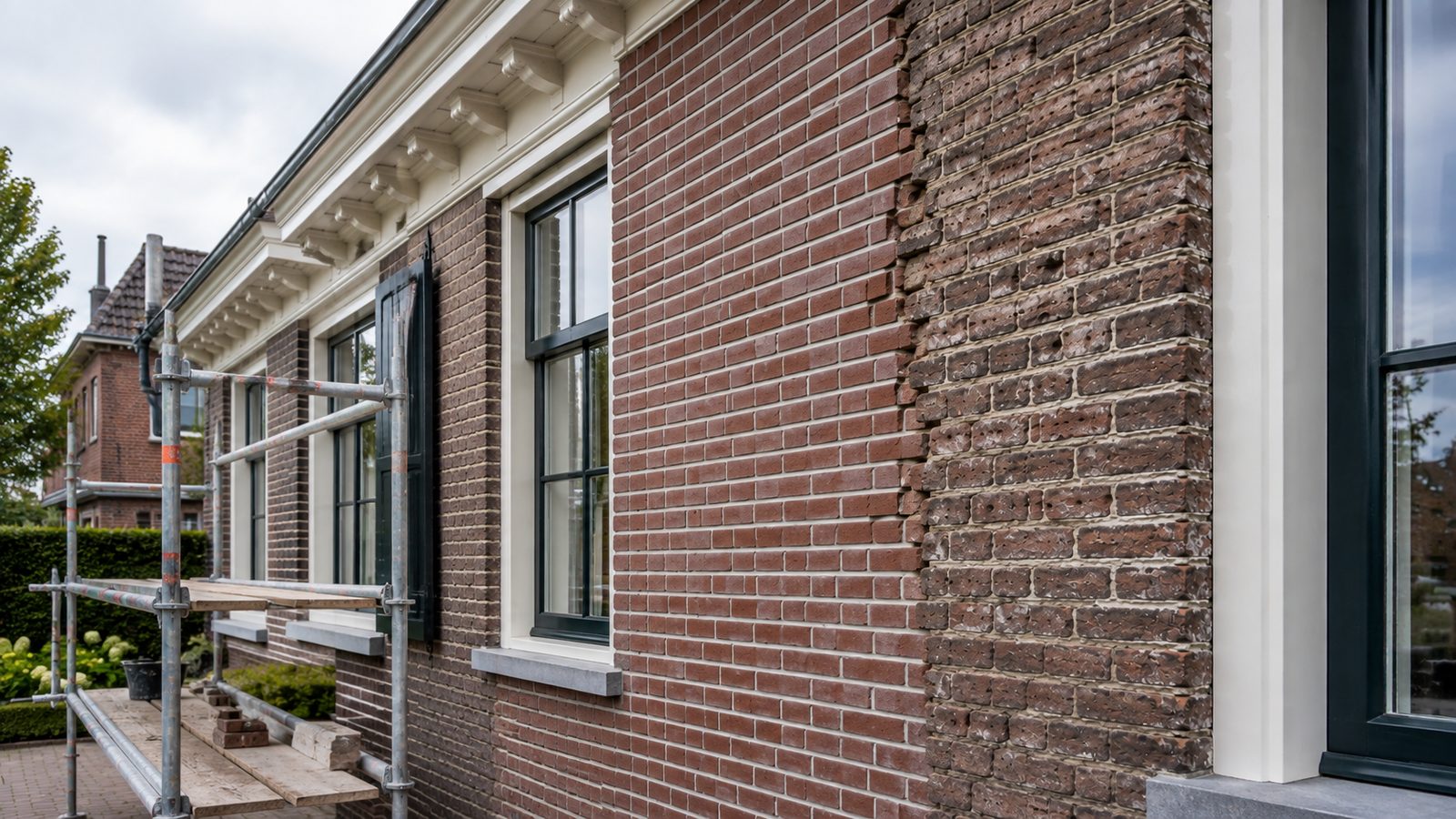 Metselwerk van een gevel dat vanaf een steiger wordt hersteld