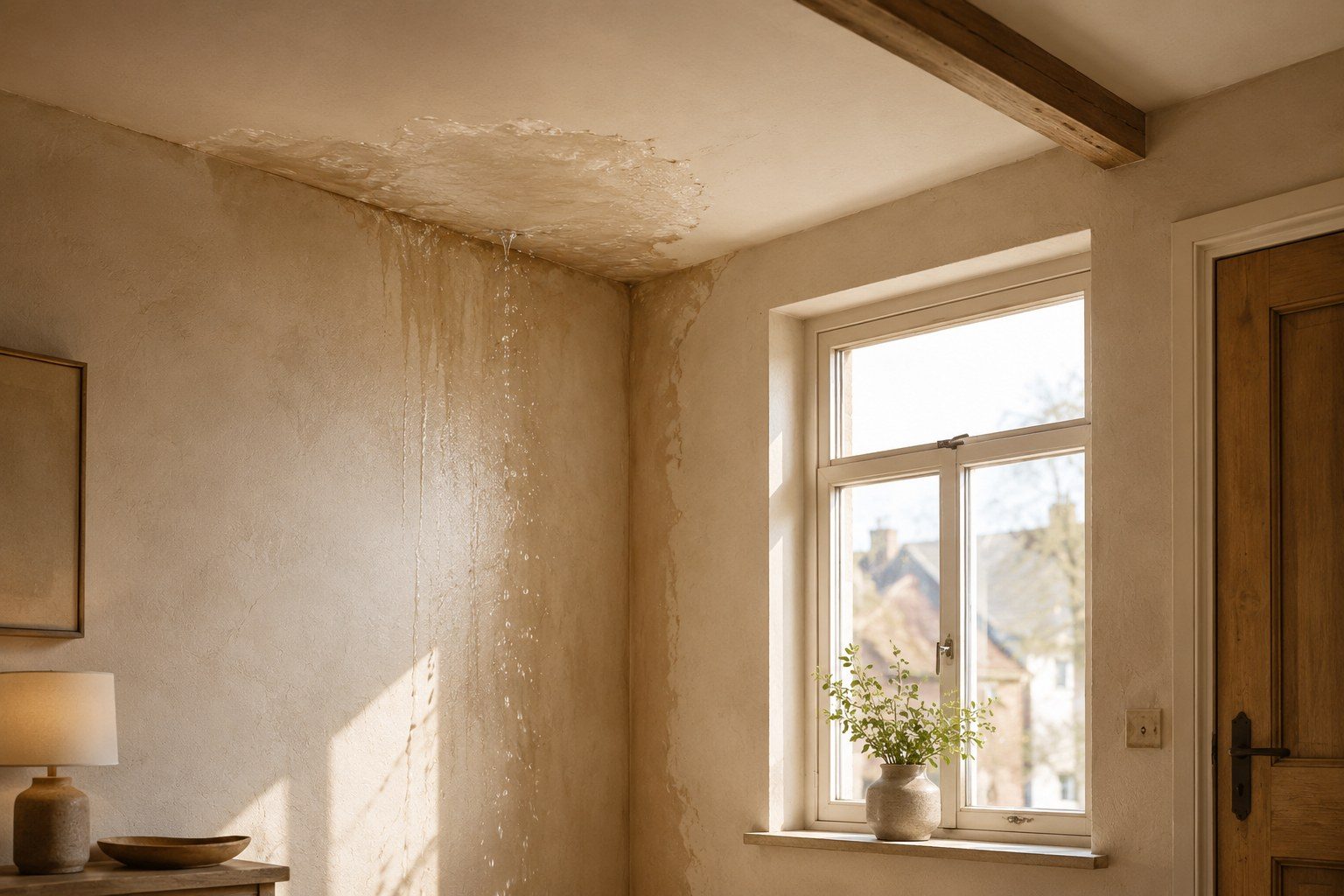 Waterschade op een plafond door een daklekkage