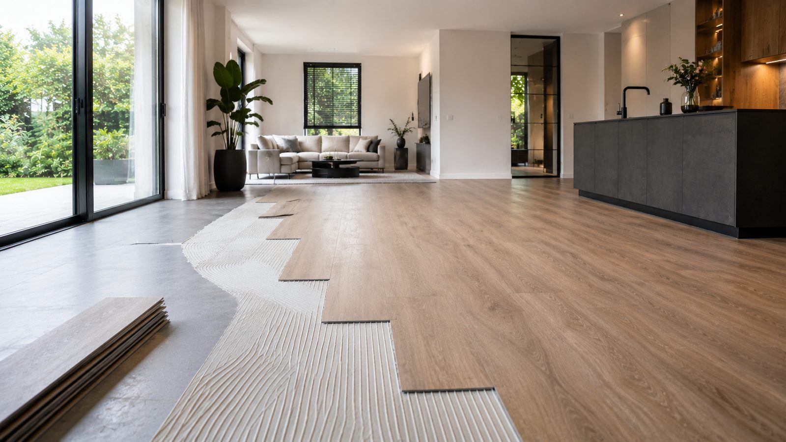 Houten vloerdelen die in een woonkamer worden gelegd