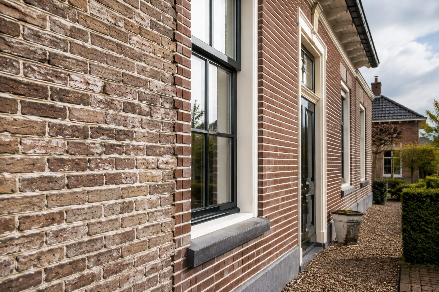 Detail van metselwerk met voegwerk in een gerenoveerde gevel
